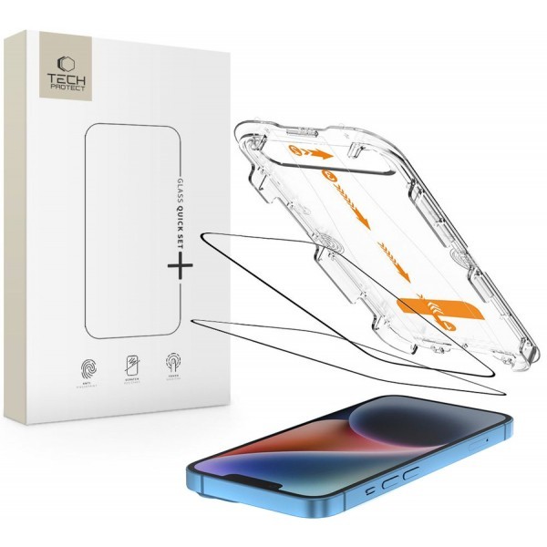 Folie de protectie Ecran Tech-Protect Quick Set+ pentru Apple iPhone 16e / 14 / 13 Pro / 13, Sticla Securizata, Full Glue, Set 2 bucati, Neagra