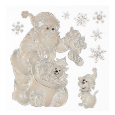 Autocolante Decorative Crăciun, Moș Crăciun, Sac Cu Cadouri, C&acirc;ine, Fulgi, Culoare Bej șampanie, Dimensiuni 18x23cm