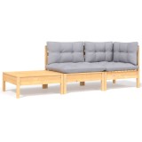 Set mobilier gradina Gossi, 3 piese, lemn masiv pin, gri, cu perne incluse, canapea, taburet/masa