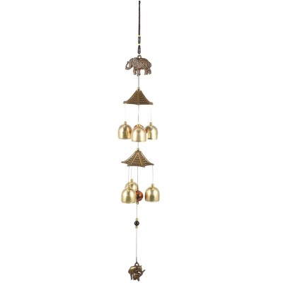 Clopotel de vant cu floare de campanula si 6 clopotei aurii pentru casa sau gradina, model cu elefanti foto