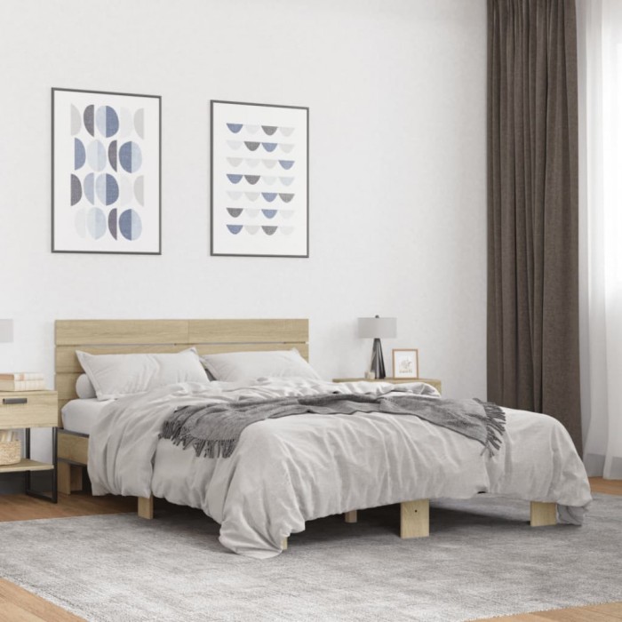 vidaXL Cadru de pat, stejar sonoma, 140x190cm, lemn prelucrat și metal 3280168