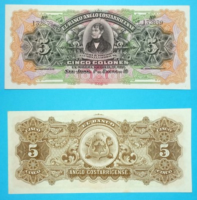 Costa Rica 5 Colones 1903-1919 &amp;quot;Banco Anglo Costarricense&amp;quot; aUNC seria A 132839 foto