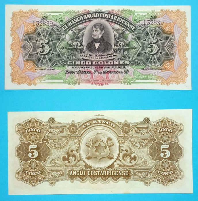 Costa Rica 5 Colones 1903-1919 &quot;Banco Anglo Costarricense&quot; aUNC seria A 132839