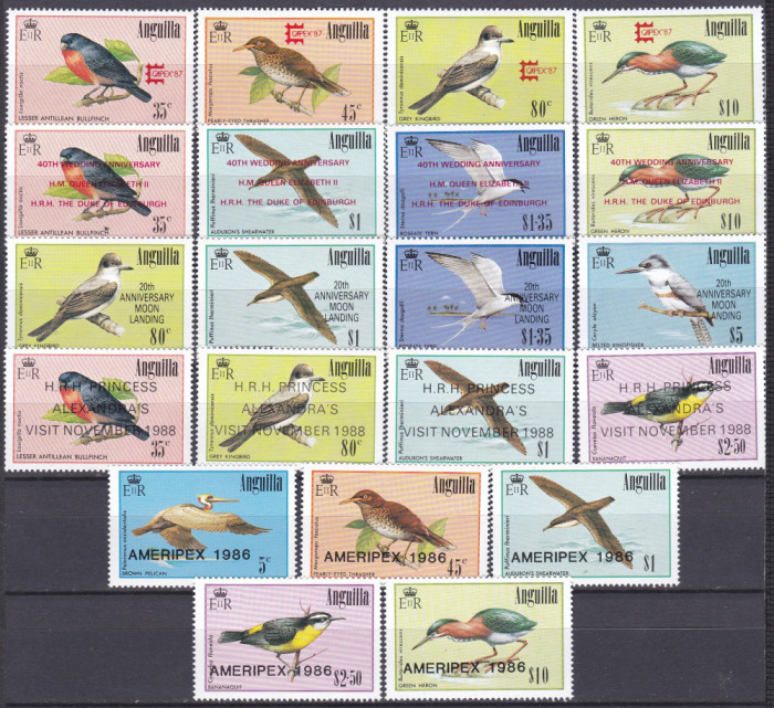 DB1 Fauna Pasari Anguilla 1986 - 1989 Supratipare 5 serii 21 v. MNH