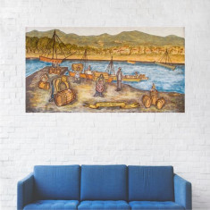 Tablou Canvas, Pictura Oameni si Barci In Port - 80 x 140 cm foto