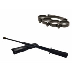 Set baston telescopic flexibil negru maner tip tonfa 47 cm + box craniu negru