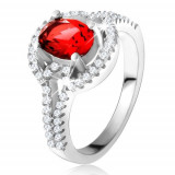 Inel cu zircon oval, roşu, braţe bifurcate, rotunjite, argint 925 - Marime inel: 55