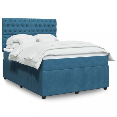 vidaXL Pat box spring cu saltea, albastru &amp;icirc;nchis, 140x200 cm, catifea 3292368 foto