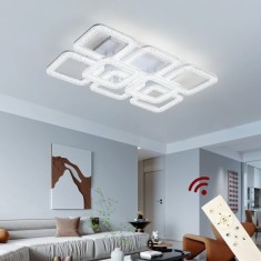 Lustra LED 128W, 6+2 patrate cu cristale, telecomanda, lumina/rece/calda/neutra, intensitate reglabila