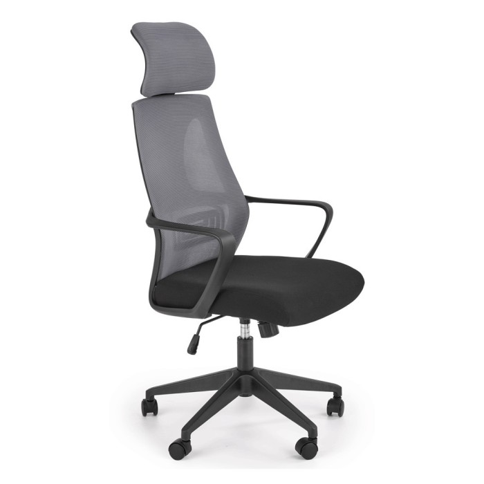 Scaun birou cu mesh HM Valdez, mecanism de balans, cadru polipropilena, suport lombar, tetiera inclusa, roti pivontante, 100 kg, negru gri
