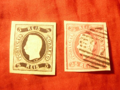 2 Timbre Portugalia 1866 Rege Luis I , 5r si 25r nedantelat ,stampilat foto
