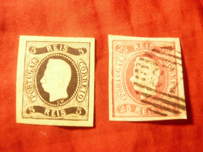 2 Timbre Portugalia 1866 Rege Luis I , 5r si 25r nedantelat ,stampilat
