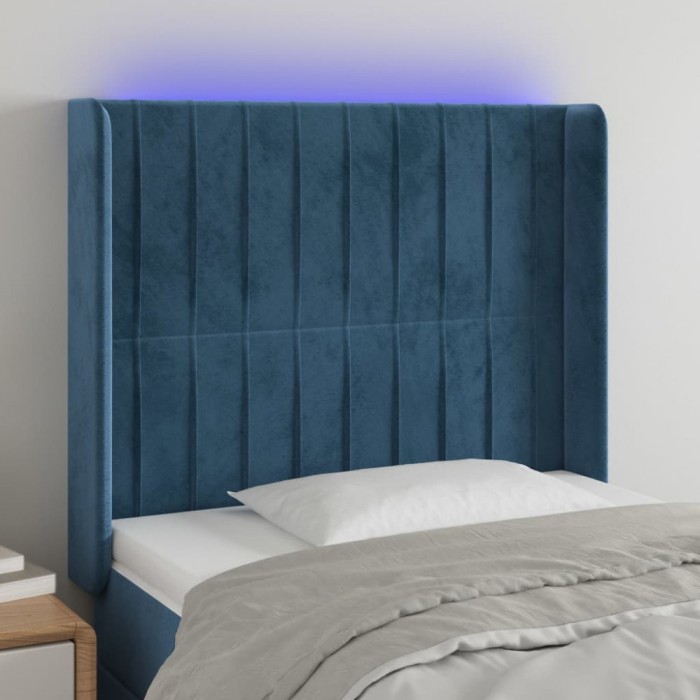 vidaXL Tăblie de pat cu LED, albastru &icirc;nchis, 93x16x118/128cm, catifea 3124326