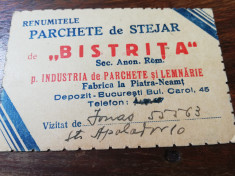 Carton publicitar Parchete de stejar &amp;quot;Bistrita&amp;quot; Piatra Neamt,cca1935,depozit Buc foto