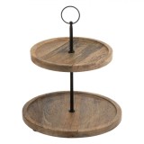 Suport Etajat Prajituri, Model 2 Nivele, Metal și Lemn, Diametru 25cm, Culoare Naturală