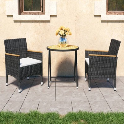 vidaXL Set bistro de grădină, 3 piese, negru, poliratan și lemn acacia 3058386 foto