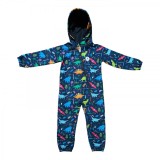 Salopeta pentru copii din material softshell Kidscare, cu protectie la vant si ploaie cu imprimeu Dinozauri navy