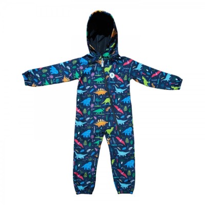 Salopeta pentru copii din material softshell Kidscare, cu protectie la vant si ploaie cu imprimeu Dinozauri navy foto