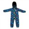 Salopeta pentru copii din material softshell Kidscare, cu protectie la vant si ploaie cu imprimeu Dinozauri navy
