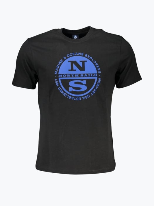 Tricou barbati cu imprimeu cu logo si decolteu la baza gatului negru S, Negru, S INTL