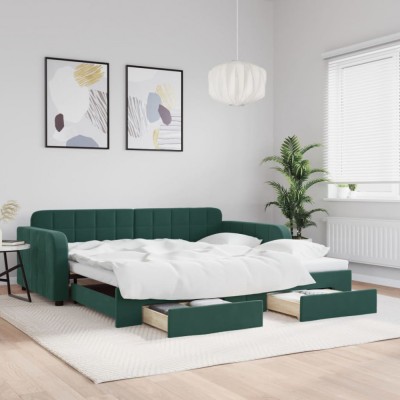 vidaXL Pat de zi cu extensie și sertare verde &amp;icirc;nchis 100x200cm catifea 3196986 foto