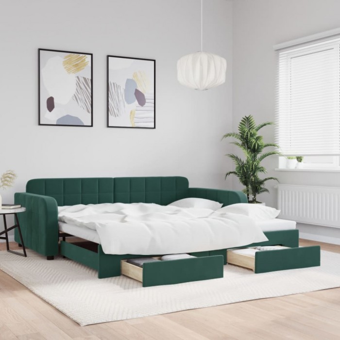 vidaXL Pat de zi cu extensie și sertare verde &icirc;nchis 100x200cm catifea 3196986