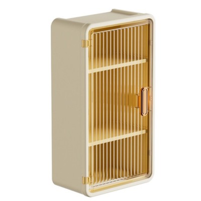 Organizator cosmetice, flippy, montare pe perete fara perforare, 36.5x10.9x20 cm, cu 3 rafturi, din pp si abs, bej, usa transparenta foto