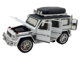 Macheta replica Mercedes G Class alb cu sunete, lumini si fum care iese pe ambele tobe