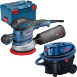 Bosch GEX 40-150 + GAS 12-25 PL - Slefuitor cu excentric 400 W 150 mm valiza speciala + Aspirator umed-uscat 1250 W 200 mbar 25 l priza scule electric