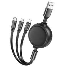 Cablu USB-A, tip C, Lightning, micro-USB, lungime 1m, cu 3 capete de incarcare, negru