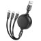Cablu USB-A, tip C, Lightning, micro-USB, lungime 1m, cu 3 capete de incarcare, negru