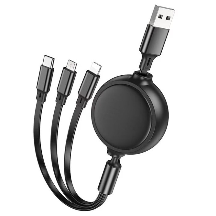 Cablu USB-A, tip C, Lightning, micro-USB, lungime 1m, cu 3 capete de incarcare, negru