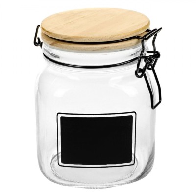 Borcan Sticlă, 1L, Capac Lemn, Siguranță, Etichetă Notițe, Transparent foto