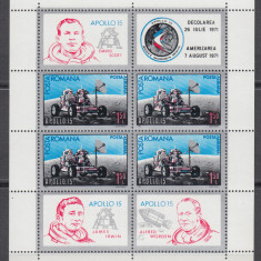 ROMANIA 1971 LP 772 a APOLLO 15 BLOC 4 MARCI SI 4 VINIETE DIFERITE MNH