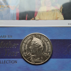 Marea Britanie 5 Lire Pounds 2000 Queen Mother UNC plus timbre