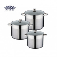 Set 3 Oale Inox cu capace sticla Alden Peterhof cu baza triplustratificata,6 piese, 8.5 L, 10 L si 12 L foto