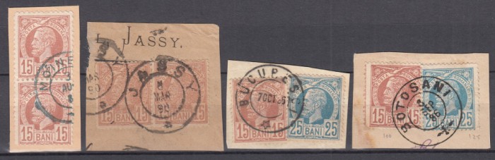 ROMANIA 1885/88 REGELE CAROL I VULTURI LOT TIMBRE STAMPILATE/FRAGMENT