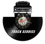 Ceas de perete decorativ realizat manual din disc de vinil, handmade, Truck Service si Camioane, ideal cadou pentru mecanici si soferi, Negru, 30 cm