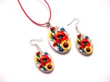 Set Bijuterii Lemn Handmade: Floarea Soarelui, Maci, Albastrele - Colier și Cercei Decoupage, 40/30mm