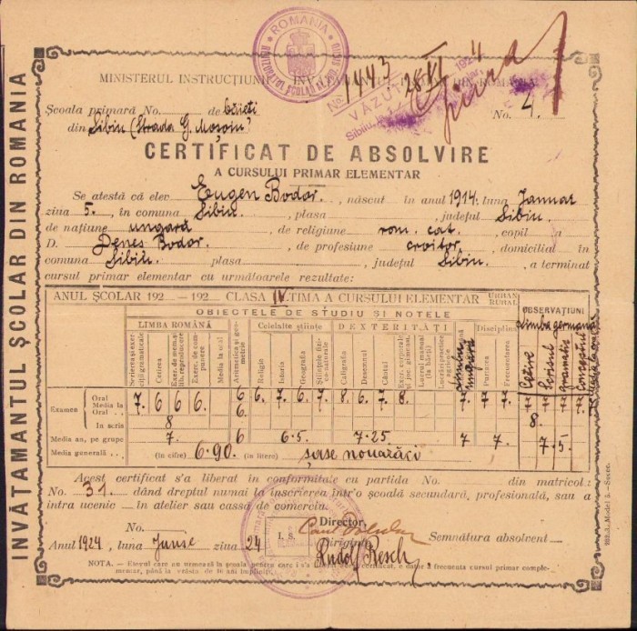 A341 Certificat școlar absolvire curs primar, 1924, Sibiu