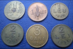 Monede 1 leu 1938, 1 leu 1947, 1 leu 1949, 2 lei 1951, 3 bani 1954 foto