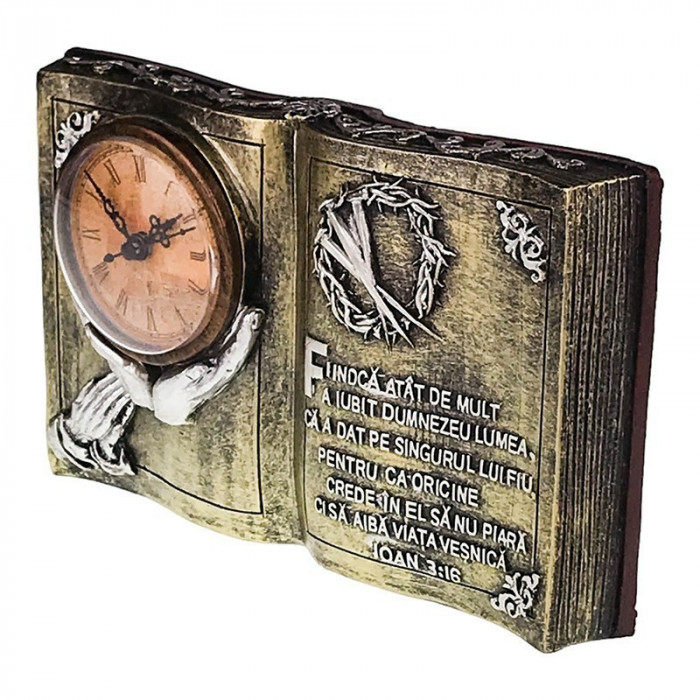 Ceas de masa, In forma de carte cu citat religios si coroane de spini, 24 cm, 1694H-1