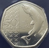 50 pence 2023 Marea Britanie, Salmon, Charles al-III-lea, Tudor crown privy mark, Brilliant uncirculated, Coincard, km#2440