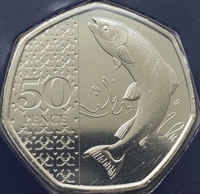 50 pence 2023 Marea Britanie, Salmon, Charles al-III-lea, Tudor crown privy mark, Brilliant uncirculated, Coincard, km#2440 foto