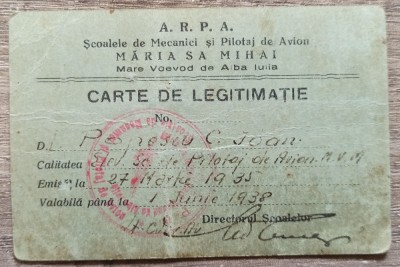 Carte de legitimatie ARPA, Scoalele de Mecanici si Pilotaj de Avion 1935-1938 foto