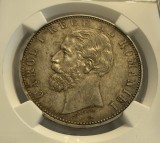 5 Lei 1883 Argint, Romania, NGC AU55, varianta Kullrich pe 6 mm