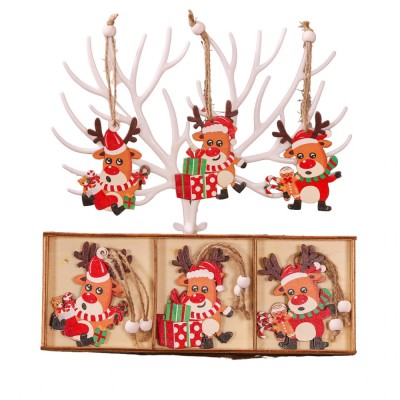 Set 9 decoratiuni de craciun din lemn, flippy, cu snur pentru agatare in brad, model reni, 3 modele, diferite dimensiuni, multicolor foto