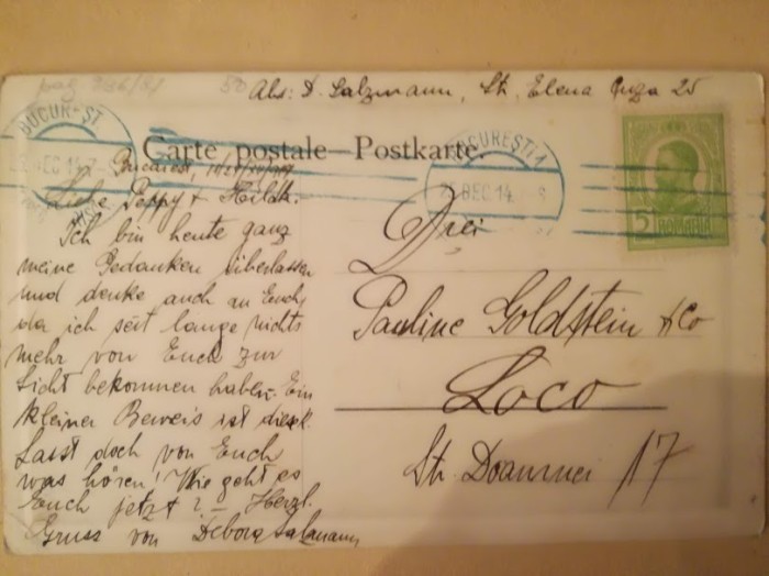 CP interbelică circulată București, Debora Salzmann către Pauline Goldstein