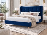 Pat Almera 160x200 cm Tapitat Catifea Albastru Somiera Inclusa (cod ML 2227-19)