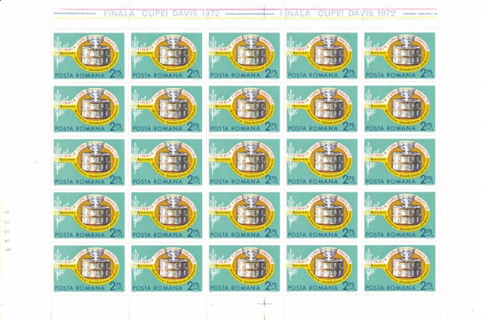 ✅RO 1972, LP 809 ,&quot; Tenis - Finala Cupei Davis&quot; , serie in coala de 25 de marci ,MNH